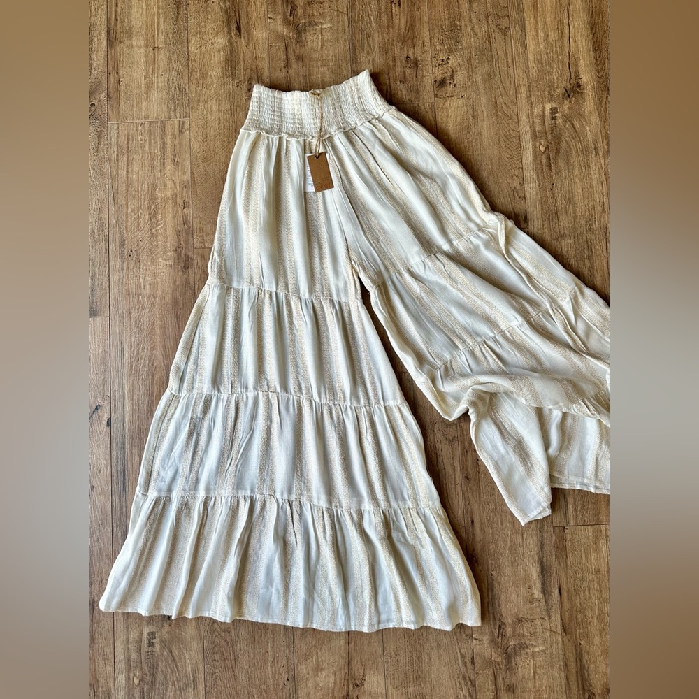 Social Threads metallic gold & cream boho tiered wide leg pants
